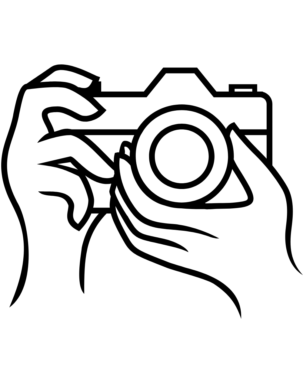 Black line drawing of hands holding a camera