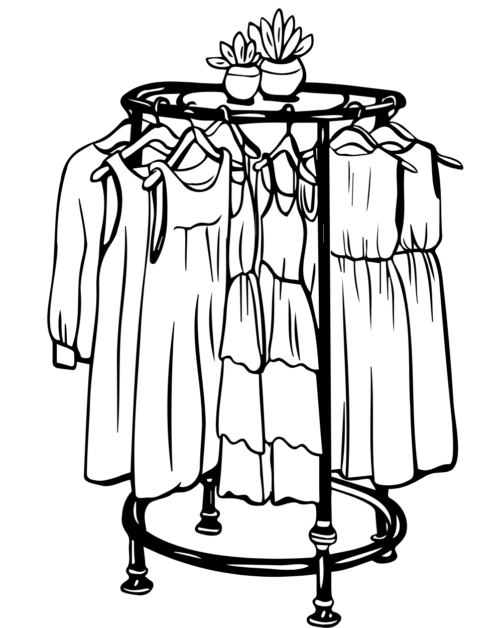 Black line drawing of a clothes rack with dresses hanging and small plants on top